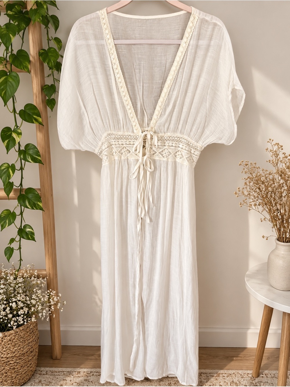 Women's Cream Lace-Trim Maxi Caftan